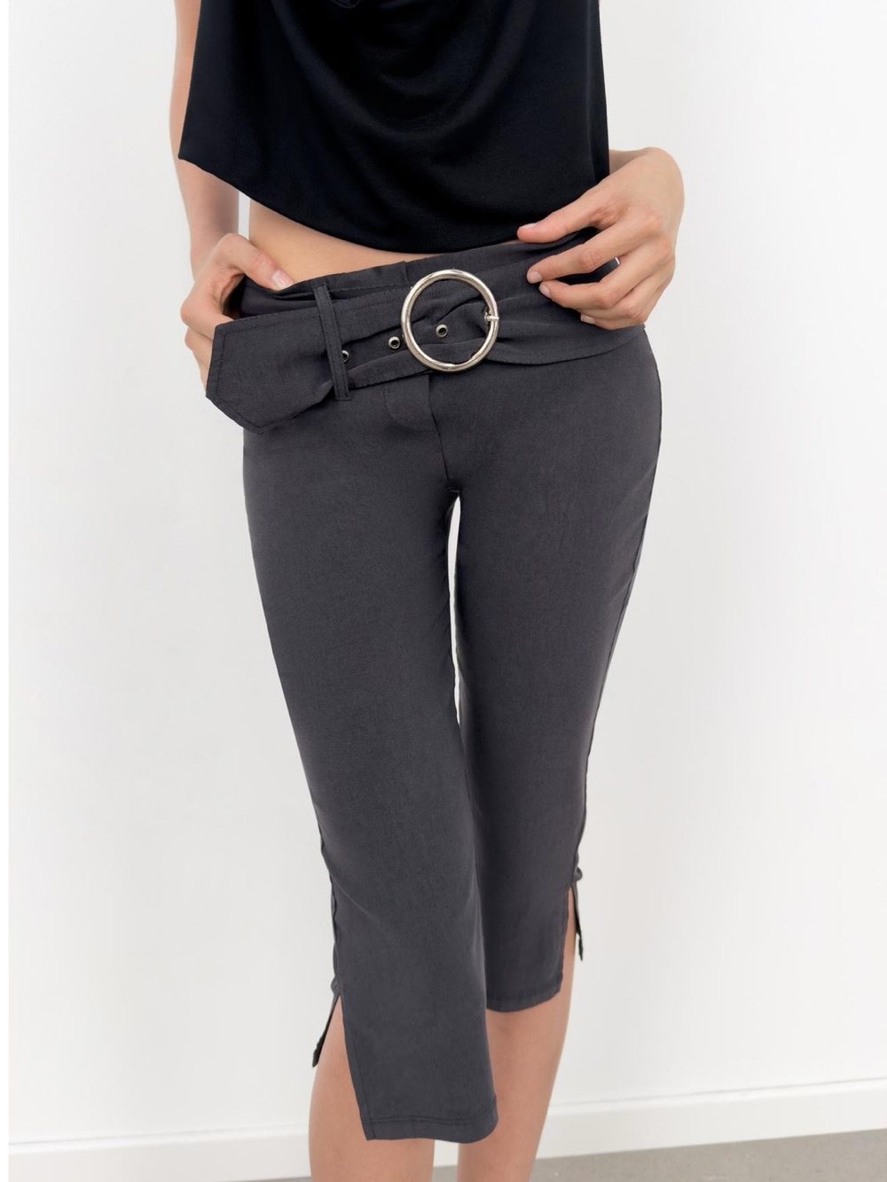 Zara Charcoal Gray Cropped Pants with Belt